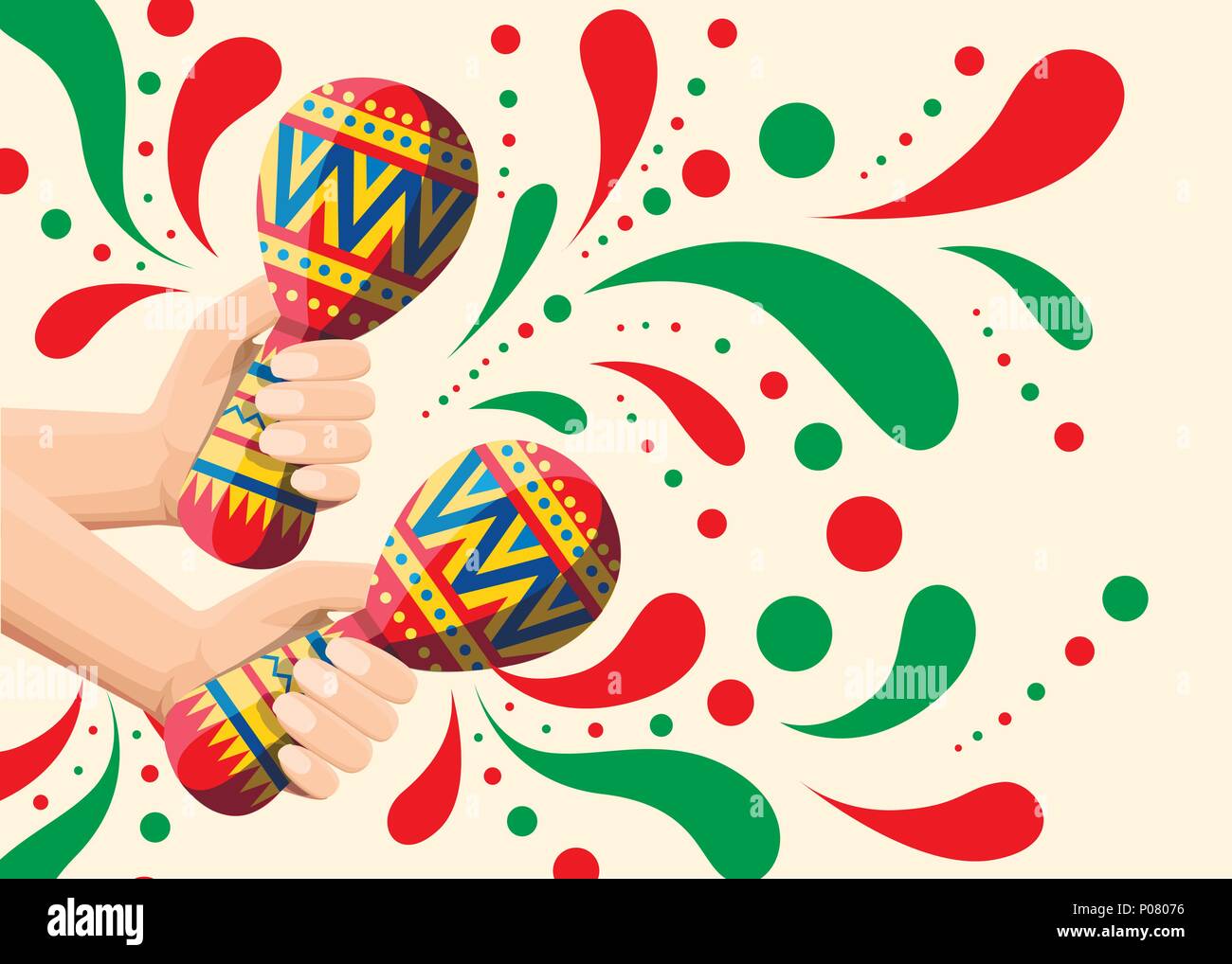 Vector illustration of hand holds colorful maracas. Pair maracas flat