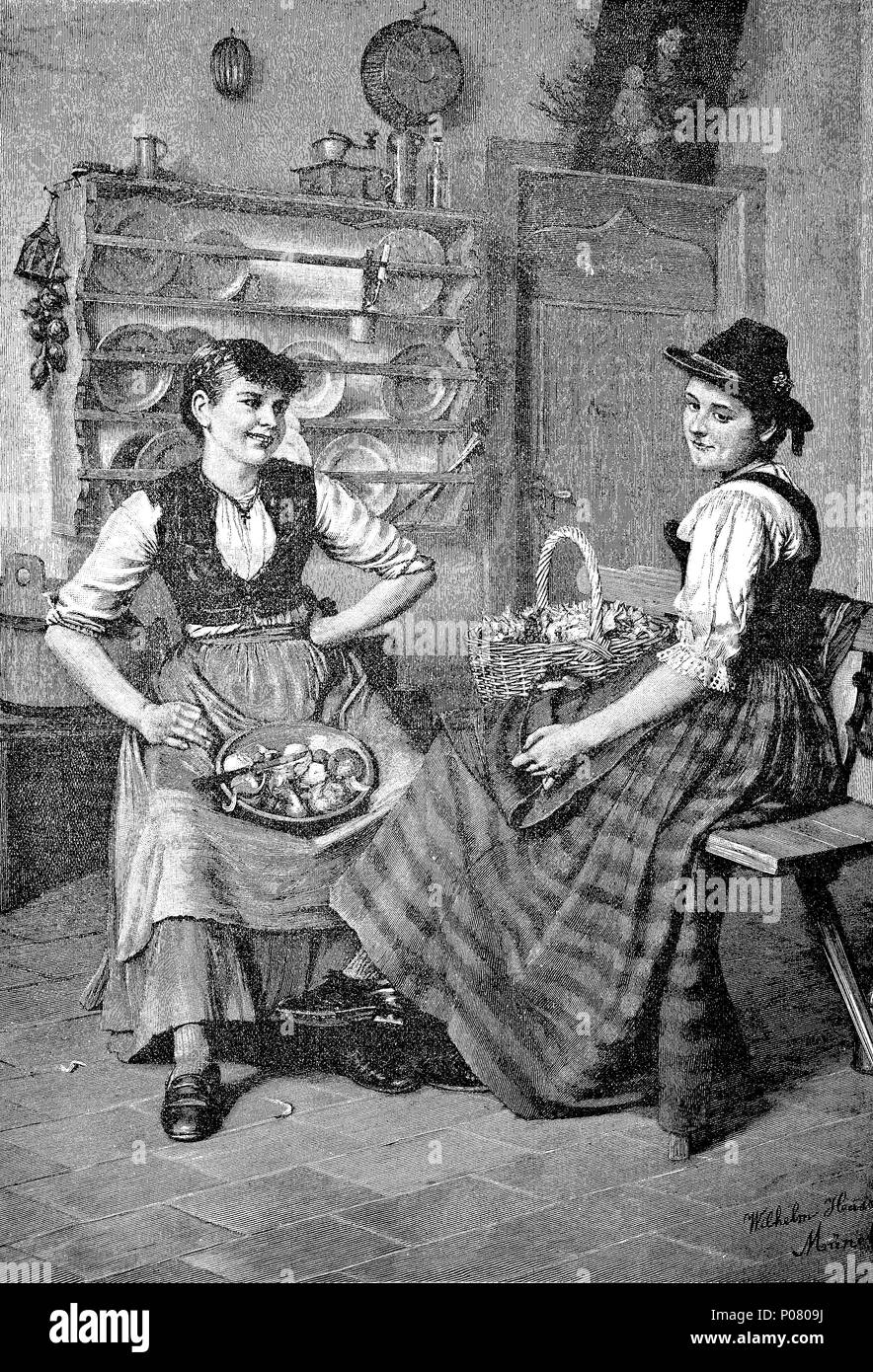 two women at the kitchen work, cleaning vegetables, Zwei Frauen bei der KÃ¼chenarbeit, GemÃ¼se putzen, digital improved reproduction of an original print from the year 1881 Stock Photo