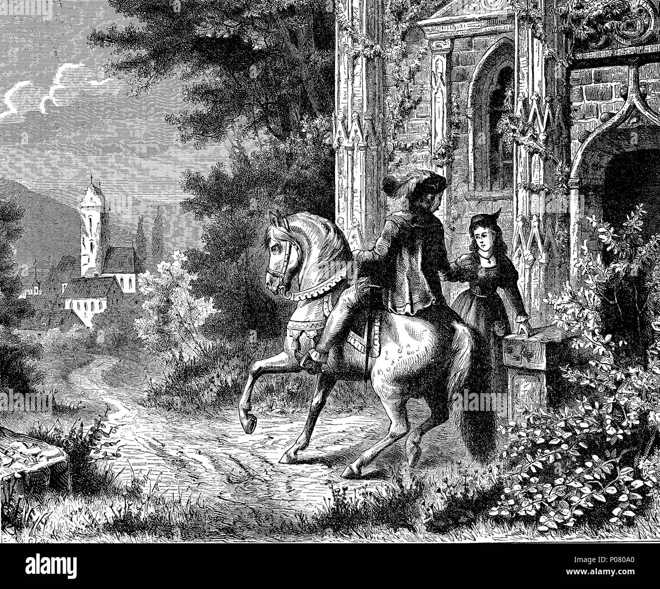 Farewell of the lover on horse, Abschied des Liebhabers zu Pferd, digital improved reproduction of an original print from the year 1881 Stock Photo