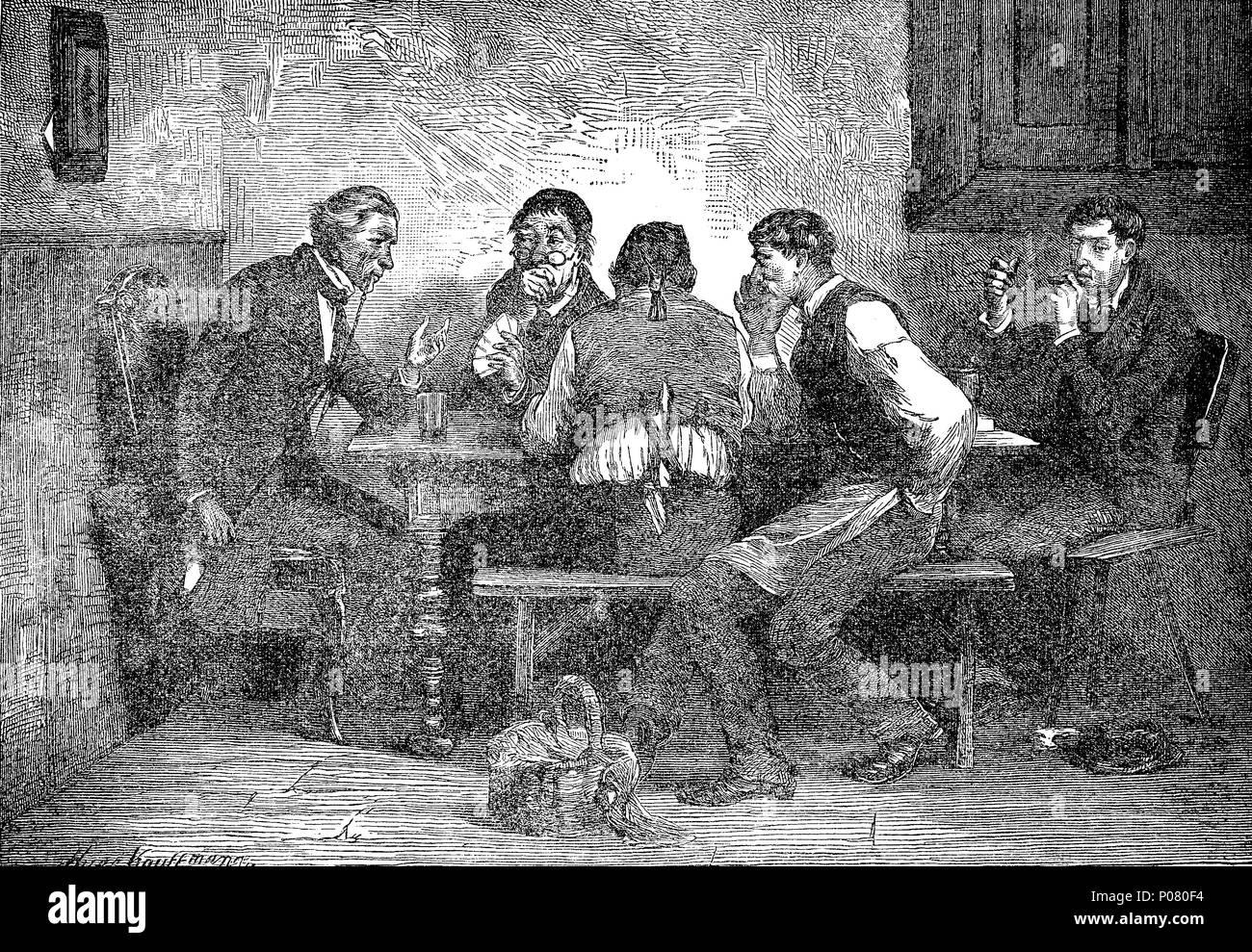 group meeting of men with beer and politics, Stammtisch, MÃ¤nner beim Bier und Politik, digital improved reproduction of an original print from the year 1881 Stock Photo