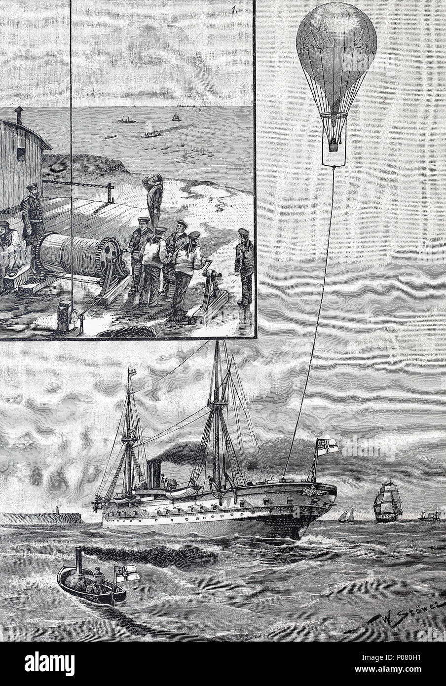 trials with the tethered, moored or captive balloon on the sea at helgoland, Germany, Versuche mit dem Fesselballon auf dem Meere bei Helgoland, digital improved reproduction of an original print from the year 1881 Stock Photo