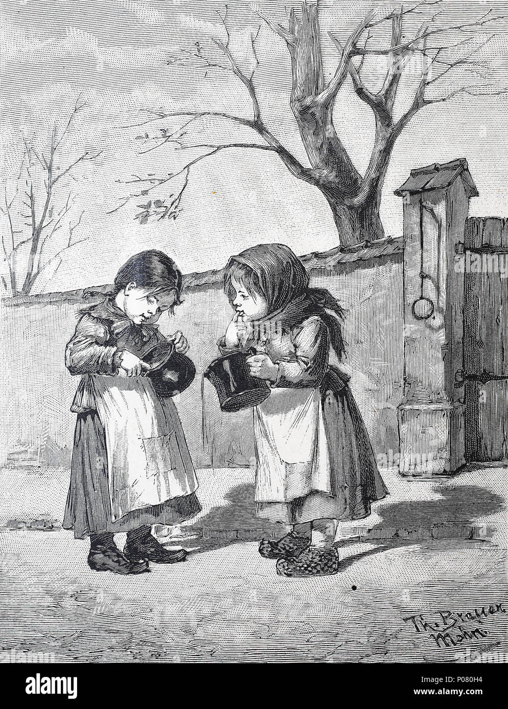 children licking cooking pots, Kinder beim Auslecken von Kochtöpfen, digital improved reproduction of an original print from the year 1881 Stock Photo