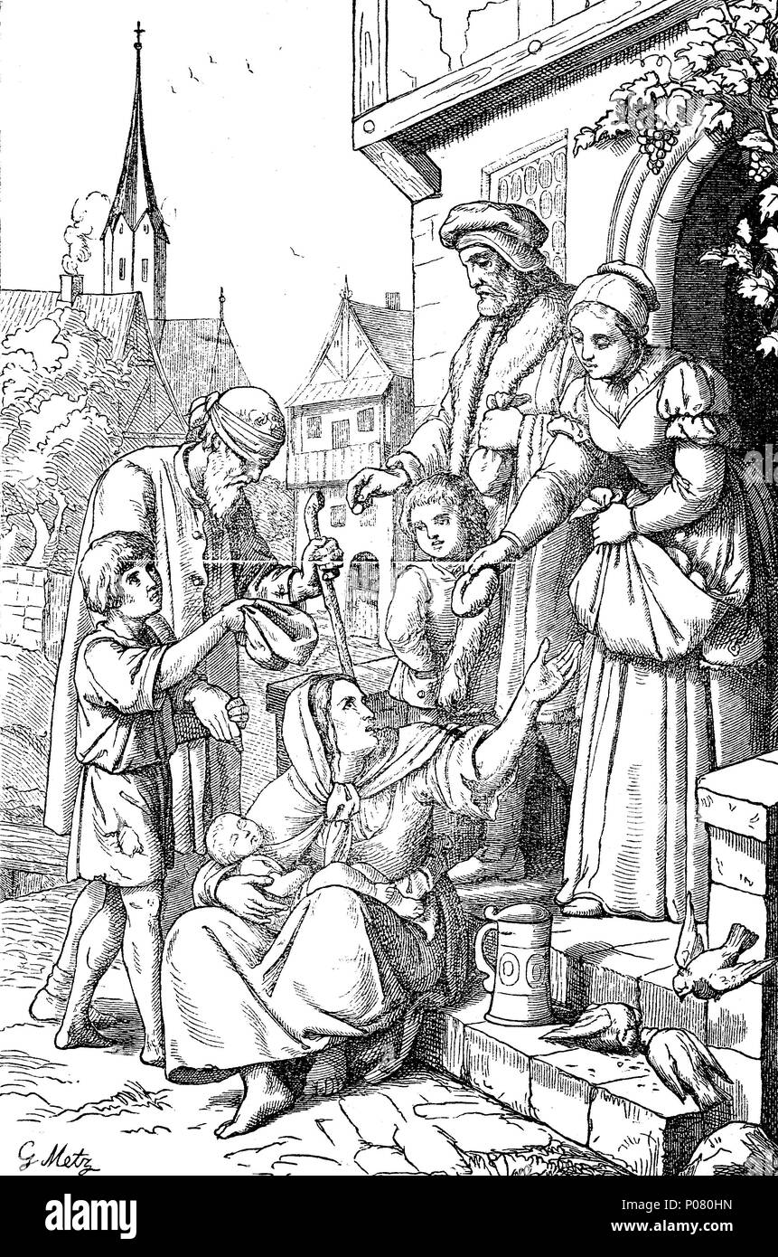 charity, woman distributing bread to the poor, WohltÃ¤tigkeit, Frau verteilt Brot an die Armen, digital improved reproduction of an original print from the year 1881 Stock Photo