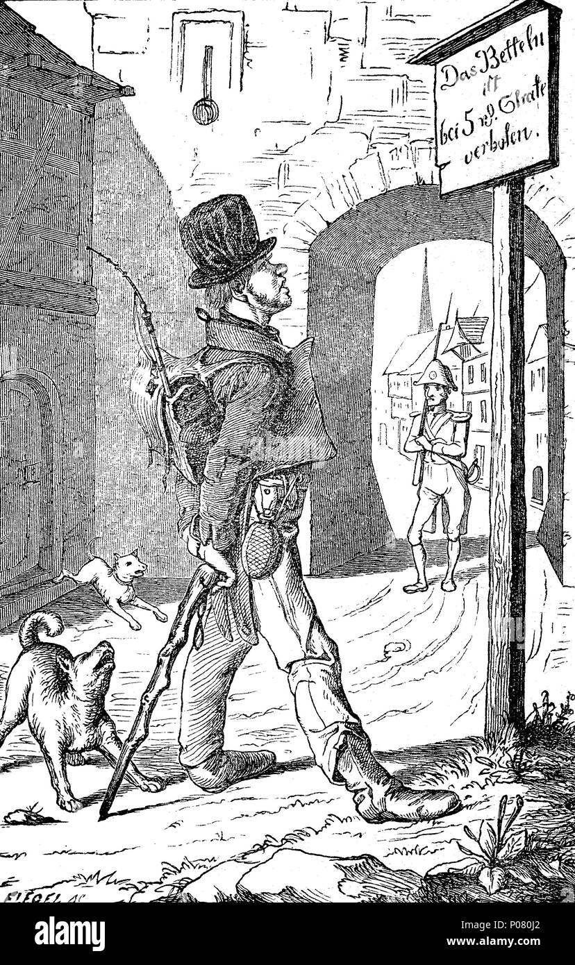 beggar stands in front of a sign indicating that begging is forbidden if punished, Bettler steht vor einem Schild, das darauf hinweist, das Betteln bei Strafe verboten ist, digital improved reproduction of an original print from the year 1881 Stock Photo