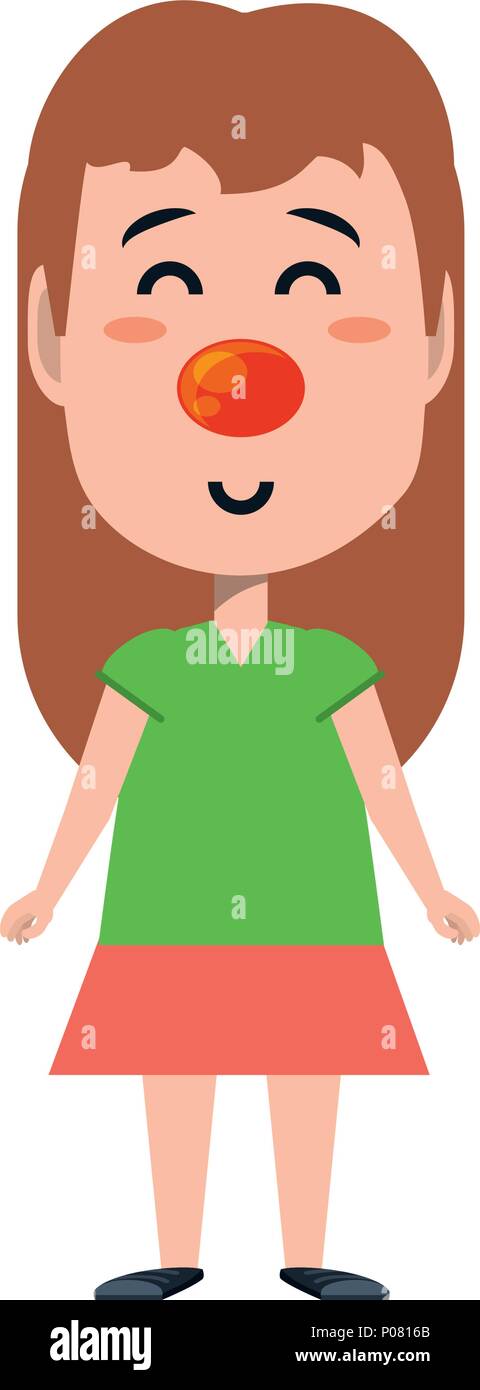 Happy cute girl with red nose and wearing a skirt over white background