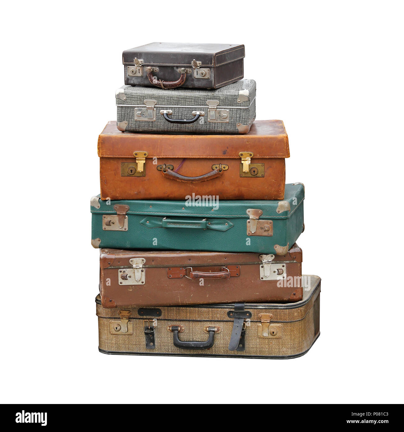 Big Pile of Vintage Suitcase Retro Luggage Travel Isolated Stock