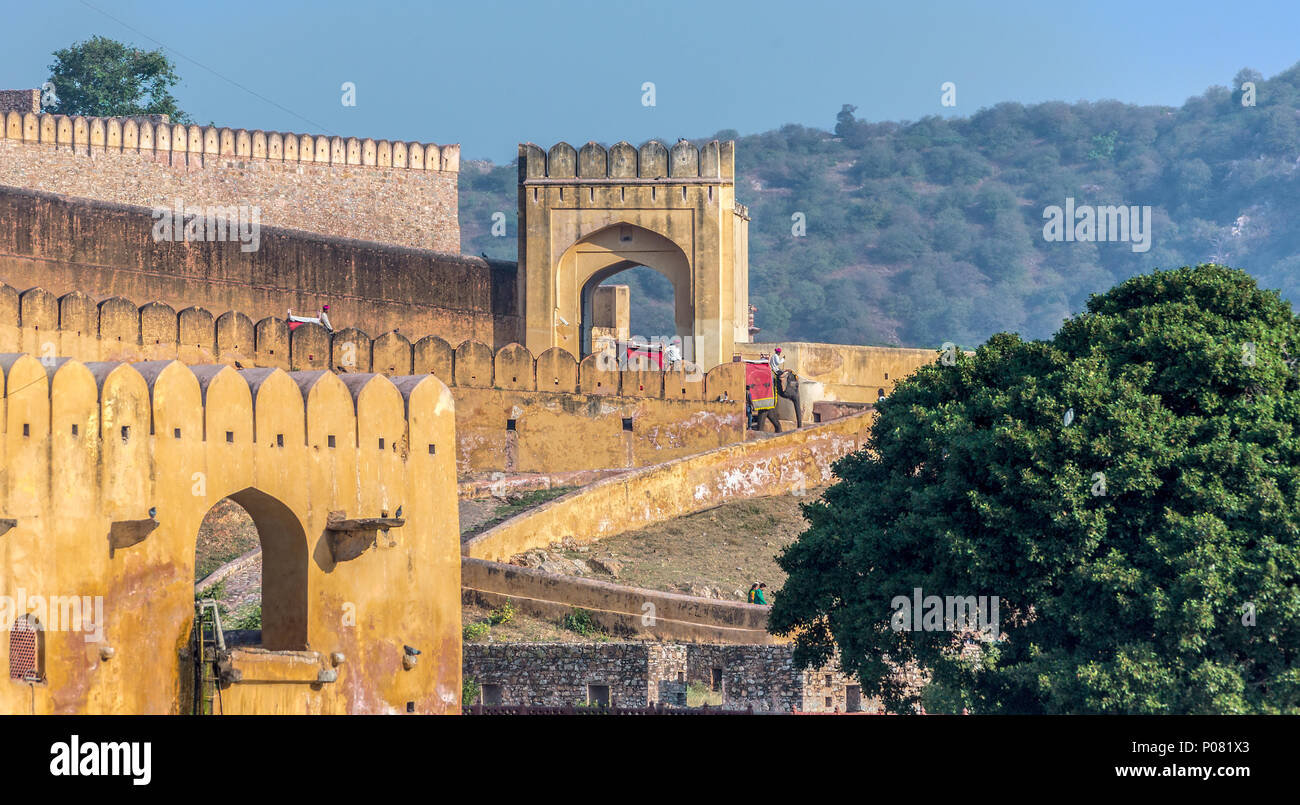 Elephant Rides at historic Amber Fort in Jaipur India Stock Photo