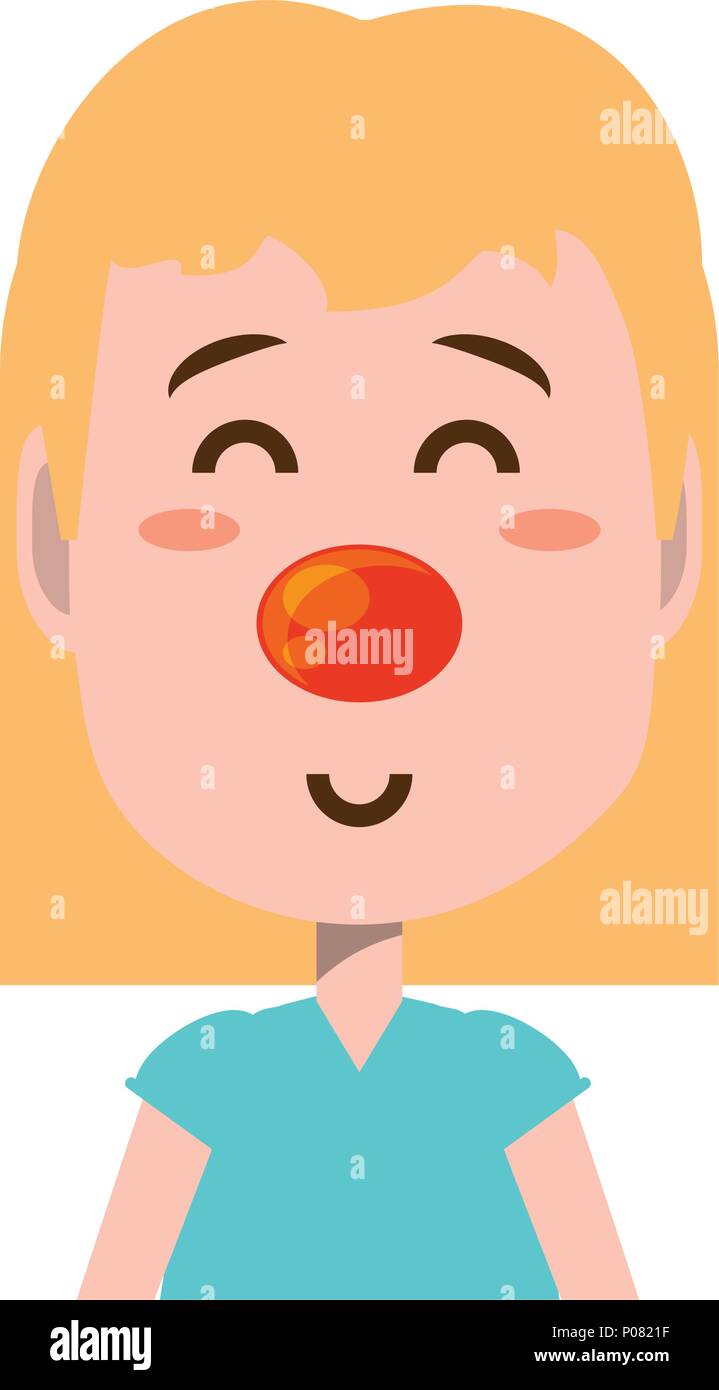 Happy cute girl with red nose icon over white background, vector