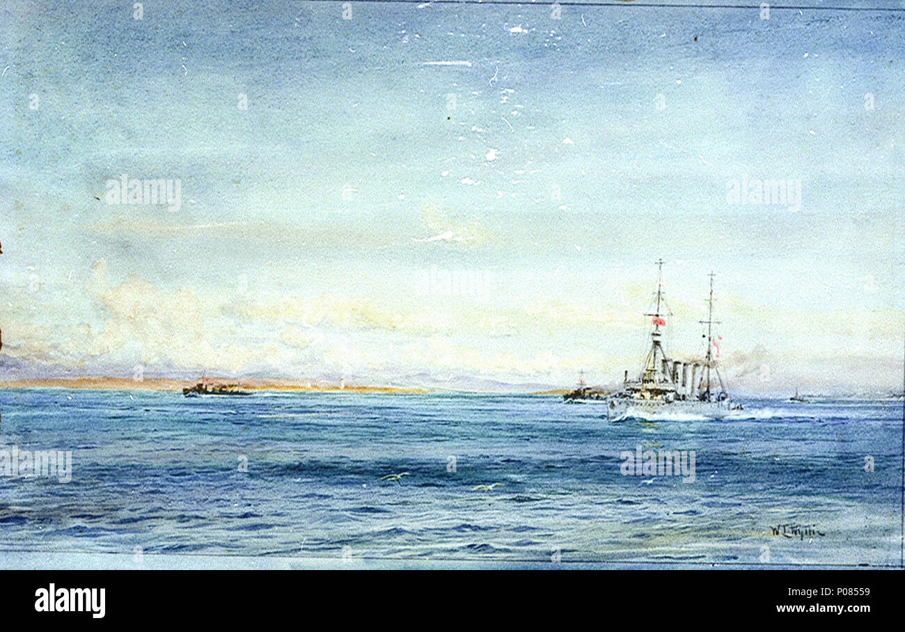 .  English: A light cruiser, probably HMS 'Southampton' , and destroyers off a coast Signed by the artist, lower right. This fully finished watercolour shows ships making passage along what may be the Scottish coast, and passing a low-lying lighthouse.The light cruiser is one of the 'Chatham' class and probably the 'Southampton'. The rig at least corresponds to that ship's in 1914-16. The destroyers appear to be of the 'Acasta' (K)-class that formed the 4th Destroyer Flotilla of the Grand Fleet from 1914 to late summer 1916.  . circa 1914-16.    William Lionel Wyllie  (1851–1931)     Alternati Stock Photo