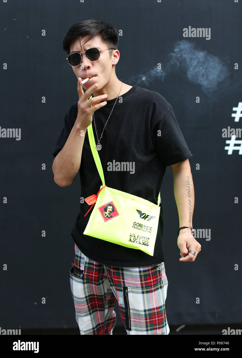 chikane eksegese chef Model Adam Hate wearing an OFF-WHITE designer bag during the London Fashion  Week Men's SS19 week outside the BFC Show Space, London Stock Photo - Alamy