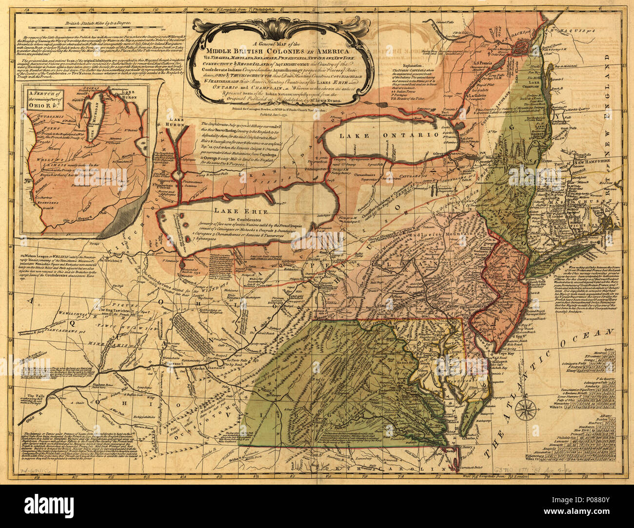 107 A general map of the middle British colonies in America, viz. Virginia, Maryland, Delaware, Pensilvania, New-Jersey, New York, Connecticut &amp; Rhode-Island- Of Aquanishuonigy the country of the LOC 74694156 Stock Photo
