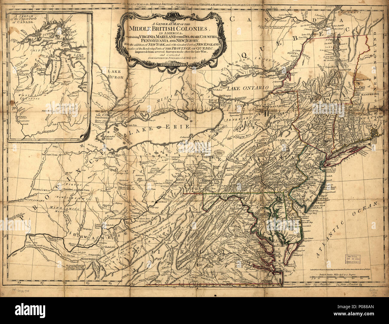 107 A general map of the middle British colonies, in America. Containing Virginia, Maryland, the Delaware counties, Pennsylvania and New Jersey. With the addition of New York, and the greatest part of New LOC 74693074 Stock Photo