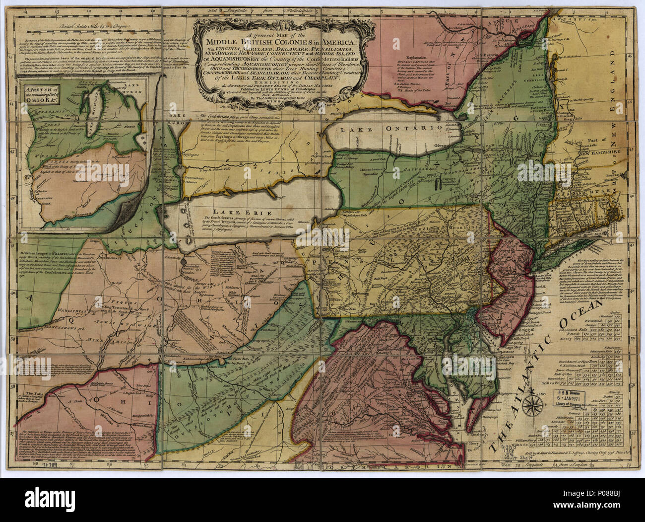 107 A general map of the middle British colonies in America- Viz. Virginia, Maryland, Delaware, Pensilvania, New-Jersey, New-York, Connecticut, and Rhode-Island- Of Aquanishuonîgy the country of the LOC gm71000789 Stock Photo
