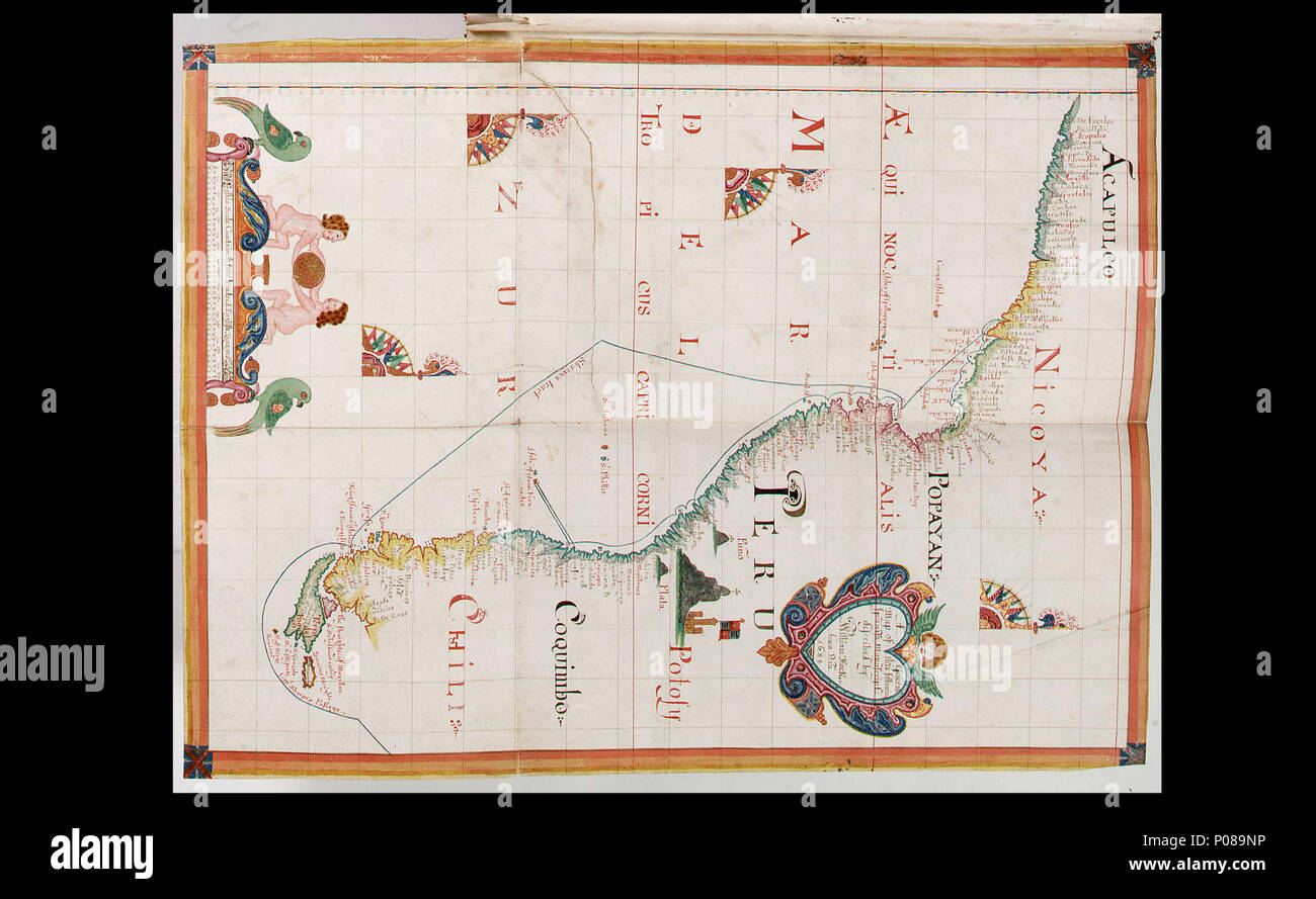 .  English: A generall map of this following Spanish manuscriptBound sheet. Col. ms. Scale: [ca. 1:19 000 000 (lat)]. Cartographic Note: Scale in English leagues. Contents Note: Shows Sharpe's track. Depicts the silver mine at Potosi. Has a decorated title cartouche and scale. Bound in 'A Wagoner of the South Sea describeing the sea coast from acapulco to Albemarle isle', an English translation of a Spanish derrotero captured from the Spanish ship 'Rosario' by Captain Bartholomew Sharpe in 1680. Hack made multiple copies of this atlas. This one was presented to James II. P/33(1) Mar del Zur by Stock Photo