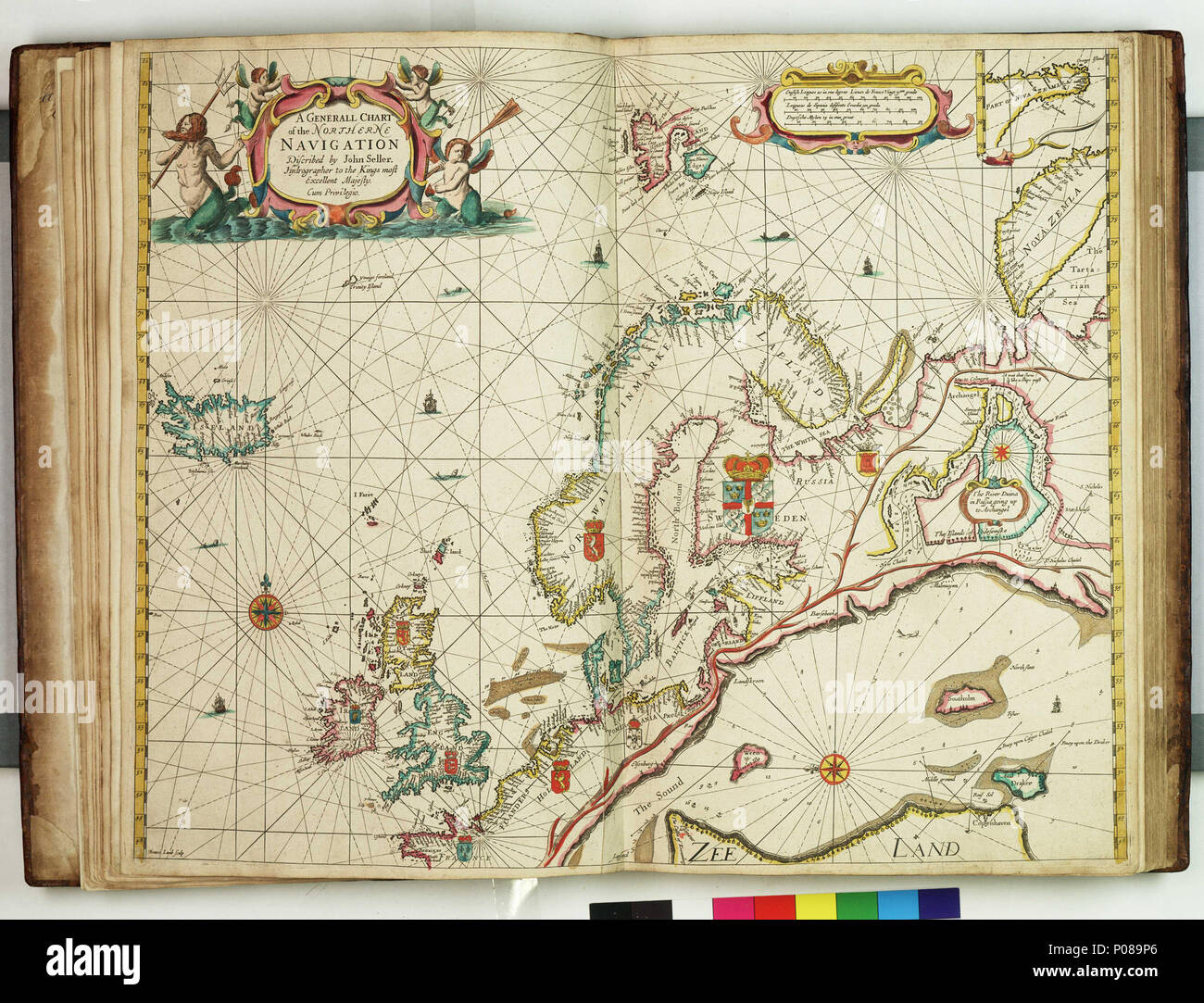 .  English: A generall chart of the northerne navigationBound sheet. Hand col engr. Scale: [ca. 1:9 000 000 (bar)]. Cartographic Note: Borders graduated for latitude. Bar scales in English and French leagues, Spanish leagues and Dutch miles. Additional Places: Northern Europe, Iceland, Greenland, Novaya Zemlya. Contents Note: There is a continuation of Nova Zemla inset at the same scale at the top right. There are two other insets at different, unstated, scales, separated by decorative tendrils: The River Dvina in Russia going up to Archangel [N at 226 degrees]; and The Sound [N at 272 degrees Stock Photo