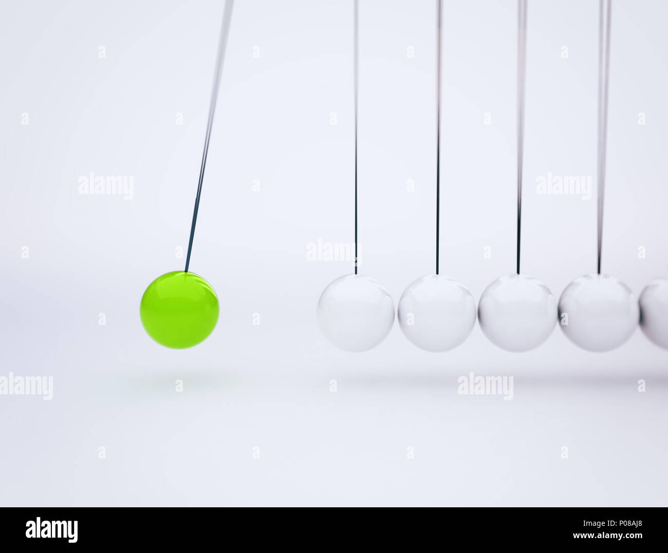 Newton's cradle physics concept background for cause and effect. Green ball in motion 3d render. Stock Photo