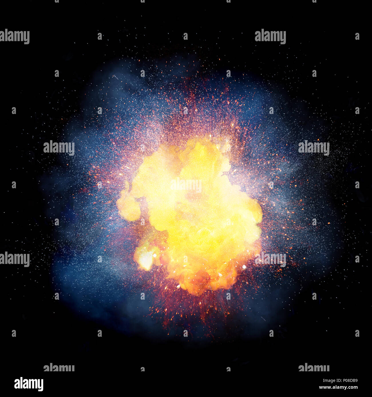 Realistic Bright Fiery Explosion Orange Color With Sparks And Smoke