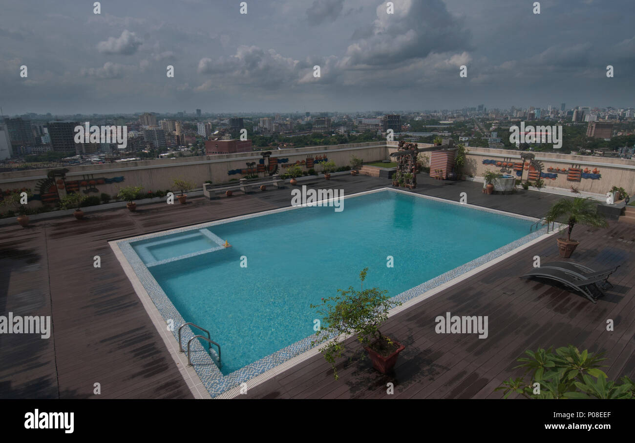 Dhaka, Bangladesh August 17, 2015 Rooftop swimming pool of BGMEA building in Dhaka. Dhaka, a