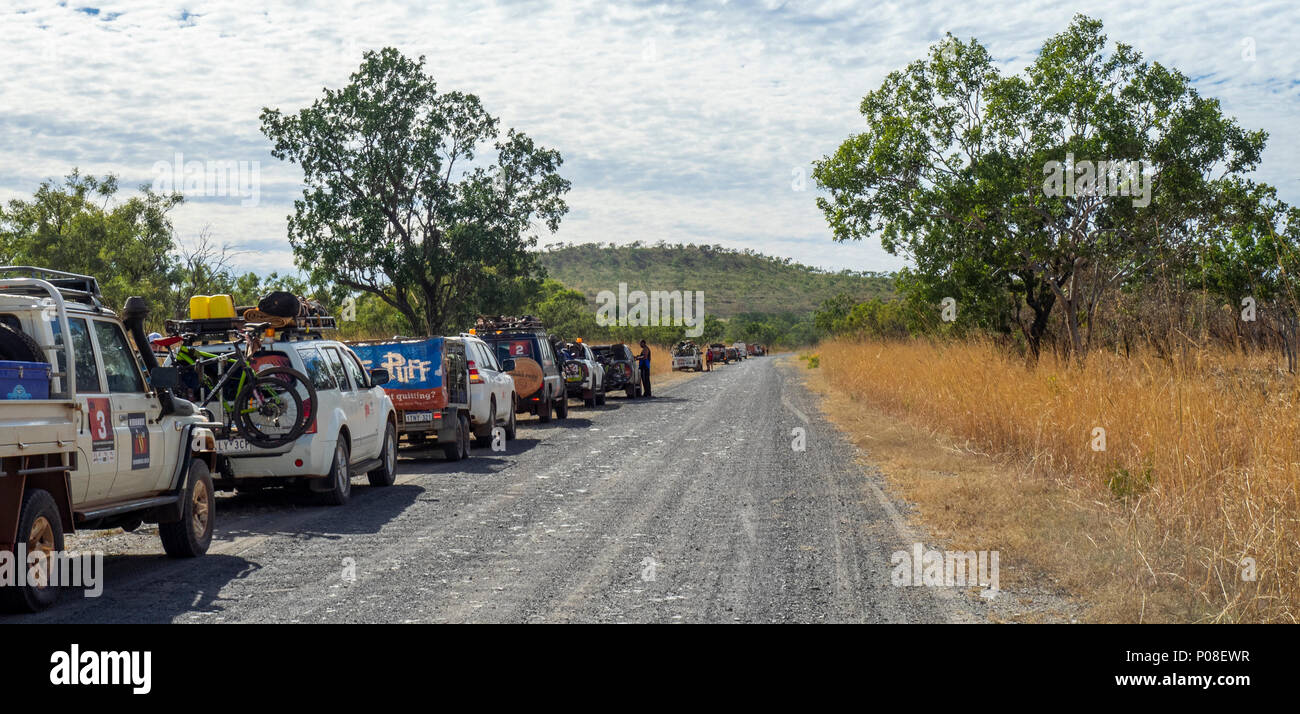 Gibb Challenge 2018 a convoy of 4 wheel drive support vehicles and trailers on the Gibb River Road Kimberley WA Australia. Stock Photo