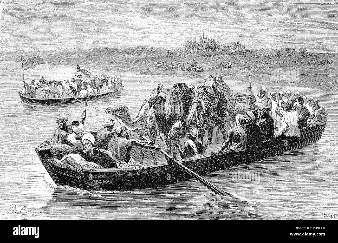 ferry on the river sebu in morocco. FÃ¤hre auf dem Sebu in Marokko, digital improved reproduction of an original print from the year 1881 Stock Photo