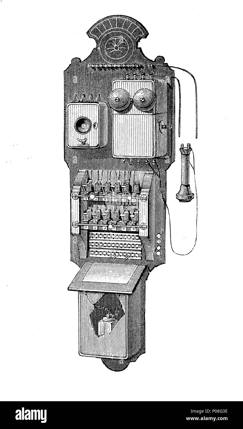 A telephone exchange machine from America, Kleines amerikanisches Vermittlungsamt, Telefon, digital improved reproduction of an original print from the year 1881 Stock Photo
