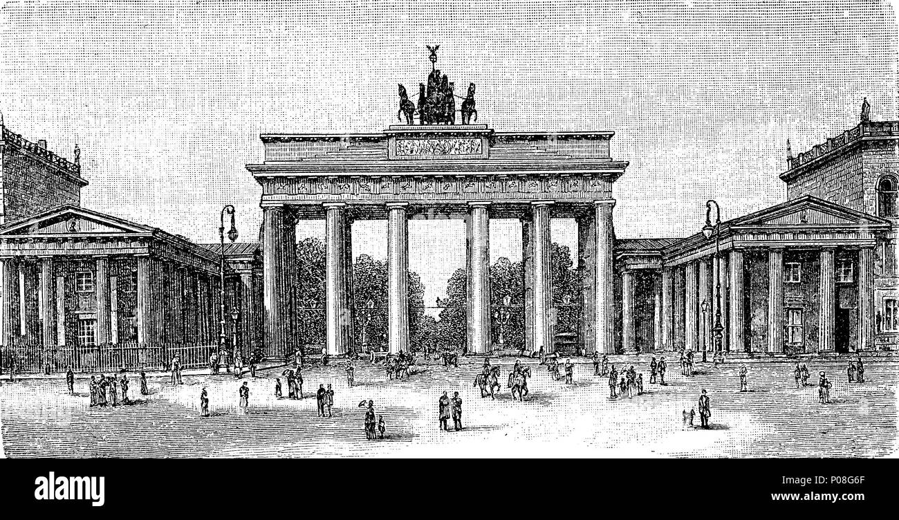 Brandenburger Tor, Berlin, Deutschland, Brandenburg Gate, an 18th-century neoclassical monument in Berlin, built on the orders of Prussian king Frederick William II, Germany, digital improved reproduction of an original print from the year 1881 Stock Photo
