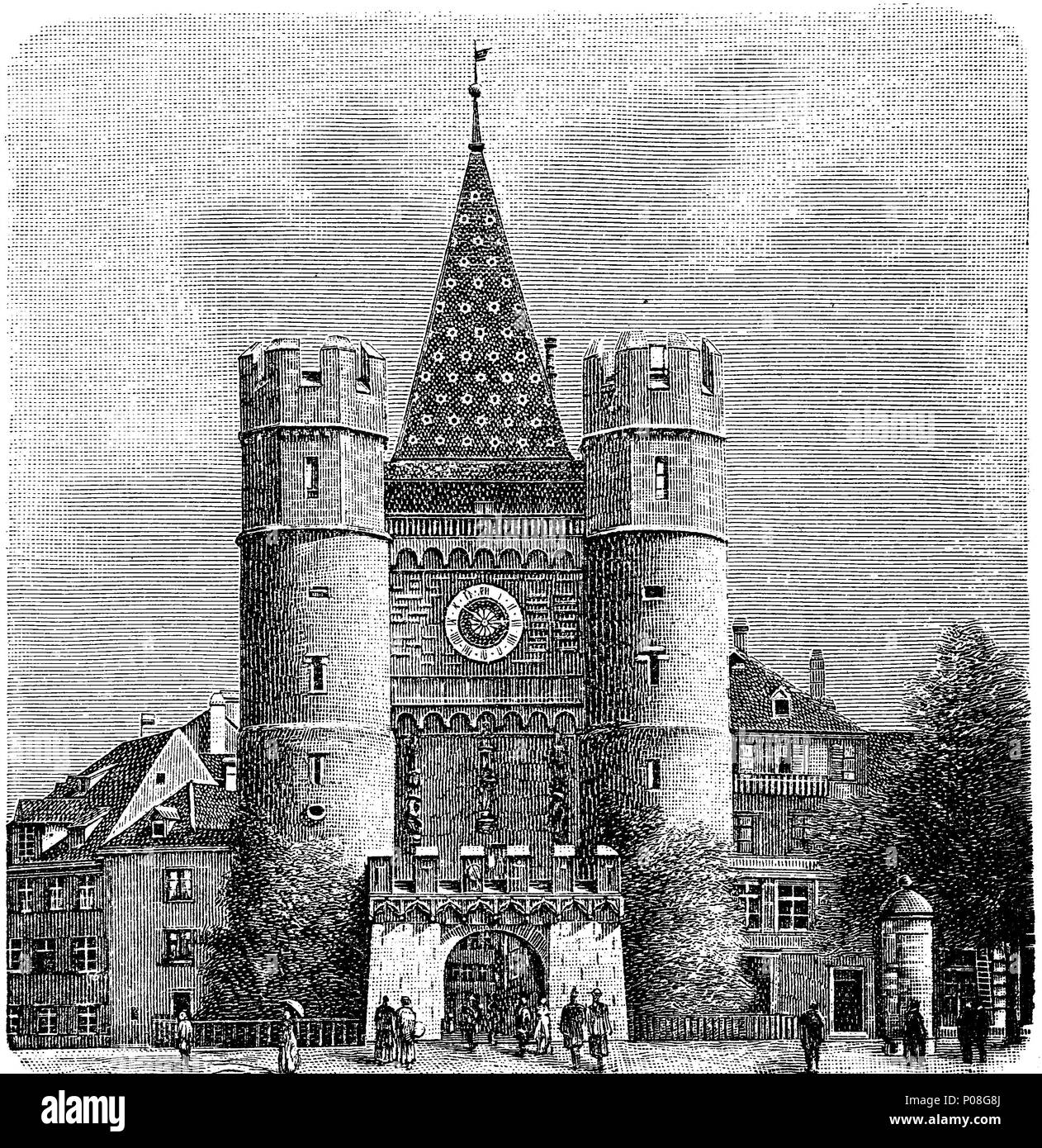 Spalentor zu Basel, Schweiz. The Gate of Spalen is a former city gate in the ancient city walls of Basel, Switzerland, digital improved reproduction of an original print from the year 1881 Stock Photo