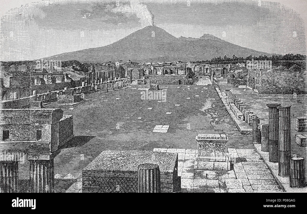 Pompeii was an ancient Roman city near Naples in the Campania region of Italy, in the territory of the comune of Pompei, Italy. Pompeji, Das Forum im Zustand 1880, Italien, digital improved reproduction of an original print from the year 1881 Stock Photo