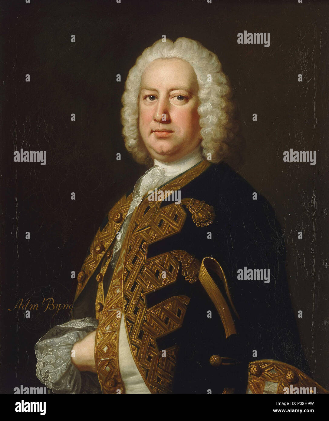 .  English: Admiral Fitzroy Henry Lee, 1699-1750 Admiral Fitzroy Henry Lee is shown in flag officer’s full dress uniform, 1748–1767, and a short white full wig. The portrait was at some point inscribed ‘Adml. Byng’ but this attribution of the sitter is now considered incorrect. Lee was the son of Lady Charlotte Fitzroy, 1664-1718. She was a illegitimate daughter of Charles II and Barbara Villiers, Duchess of Cleveland. He entered the Navy in 1717 and commanded the 'Pembroke', 60 guns, in the Mediterranean, 1738-42. In 1746 he went as Commodore and Commander-in-Chief at the Leeward Islands, whe Stock Photo