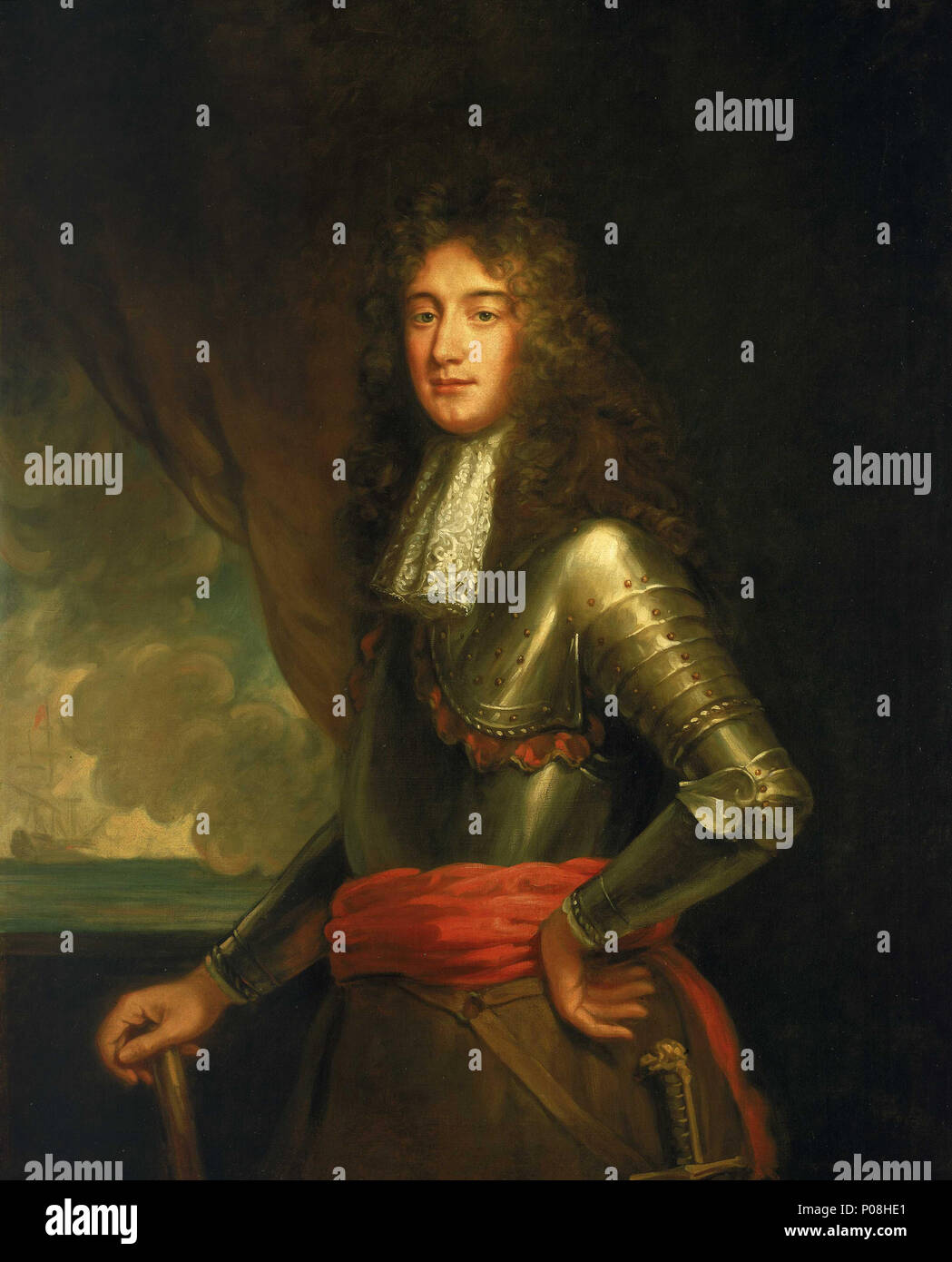 .  English: Admiral Matthew Aylmer, 1st Baron Aylmer (ca.1655-1720) A three-quarter length portrait to the left, showing Aylmer in armour, wearing a red sash and brown full-bottomed wig. After military service in Ireland and at Tangier, Matthew Aylmer began his naval career as a midshipman in October 1677. He served in the galley ‘Charles’ in the Mediterranean, becoming lieutenant in her in April the following year. He was further advanced by his patron, Admiral Arthur Herbert, to captain of the ‘Chatham’ and other commands followed. The Glorious Revolution of 1688–89 proved favourable to Aylm Stock Photo