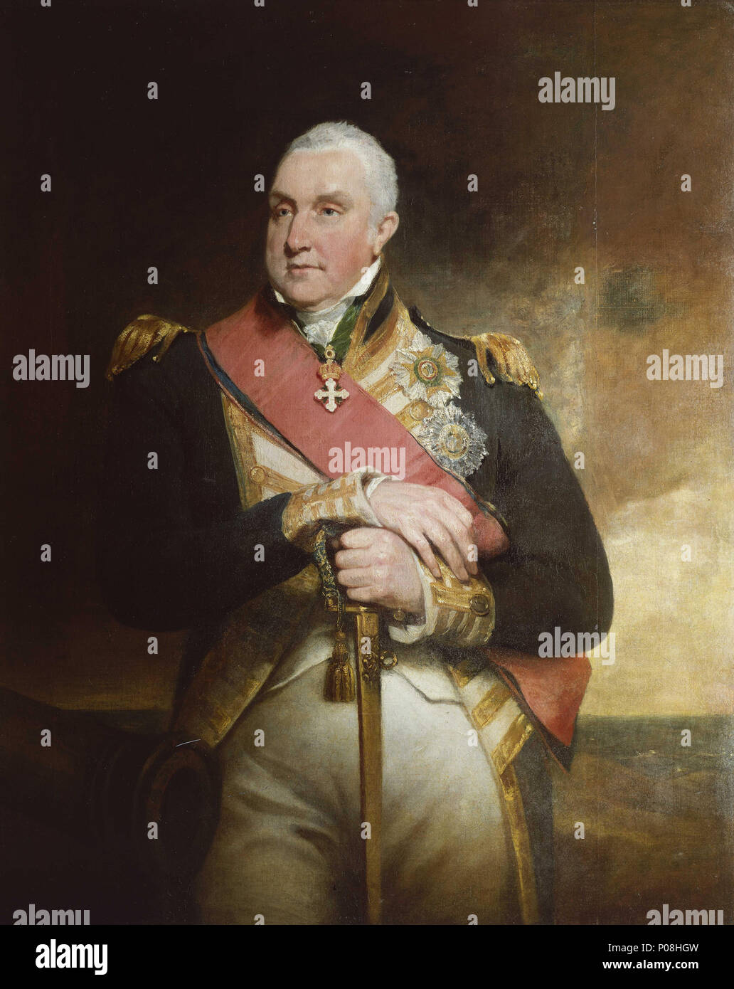 .  English: Admiral Sir Edward Pellew (1757-1833), 1st Viscount Exmouth A three-quarter length portrait, facing to the left, in admiral’s full dress uniform of Edward Pellew, first Viscount Exmouth. His hands are resting on his sword. He wears the ribbon and star of the G.C.B. and the star of St. Ferdinand and Merit. Painted in 1818 it was exhibited at the Royal Academy in 1819. His success as a frigate captain brought him to a responsible position in the Channel Fleet in the early years of the French Revolutionary Wars. While in command of the frigate ‘Indefatigable’ he drove ashore the Frenc Stock Photo