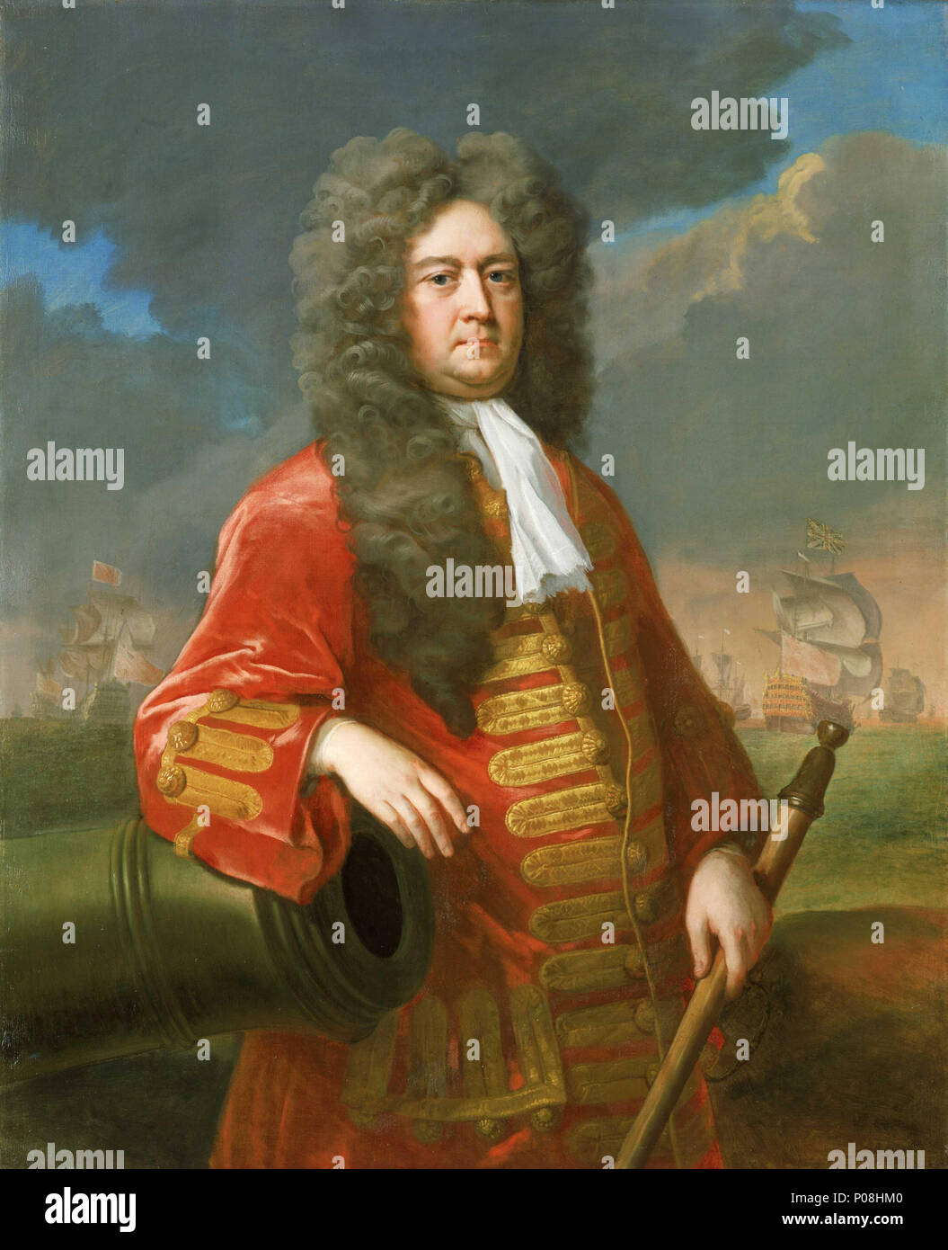 .  English: Admiral Sir George Rooke, c. 1650-1709 A three-quarter-length portrait to the right of Admiral Sir George Rooke, Admiral of the Fleet. He wears a gold-braided red cloth coat with wide sleeves, grey-brown full-bottomed wig and a white neck-cloth. His right arm rests on the muzzle of a cannon and he holds a telescope in his left hand. Behind him in both the right and left backgrounds, is a depiction of the Battle of Malaga, 1704. Admiral Rooke's flagship, the 'Royal Katharine' with the Union flag at the main, is seen in port-quarter view, engaging the 'Foudroyant', which was the flag Stock Photo