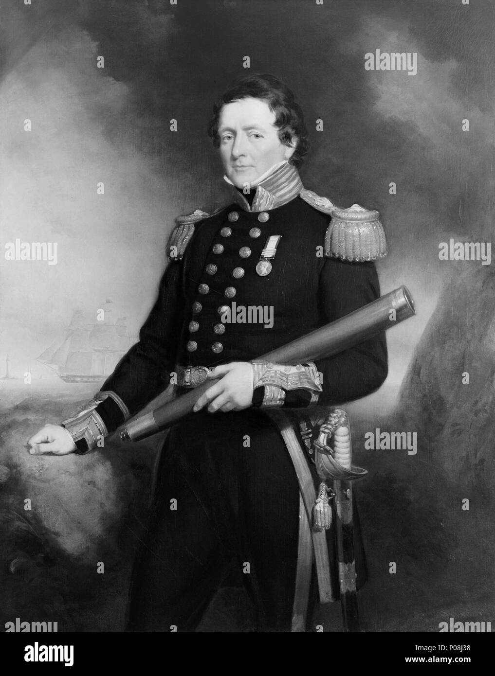.  English: Admiral Sir Watkin Owen Pell (1788-1869) A three-quarter-length portrait to the left showing Pell in his rear-admiral's full dress uniform of the 1847-56 pattern, holding a telescope in the crook of his left arm with his right hand resting on a rocky outcrop; he wears the General Service Medal. A figate, presumably the 'Forte', is in the left background; it flies the standard of the Duchess of Kent, who, with Princess Victoria, visited Eddystone lighthouse in 1833, the year of the ship's commission. The painting was exhibited at the Royal Academy in 1850. Watkin Owen Pell entered t Stock Photo