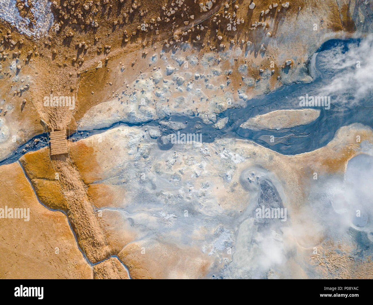 Aerial view, small bridge over steaming river and fumaroles, geothermal area Hverarönd, also Hverir or Namaskard, North Iceland Stock Photo