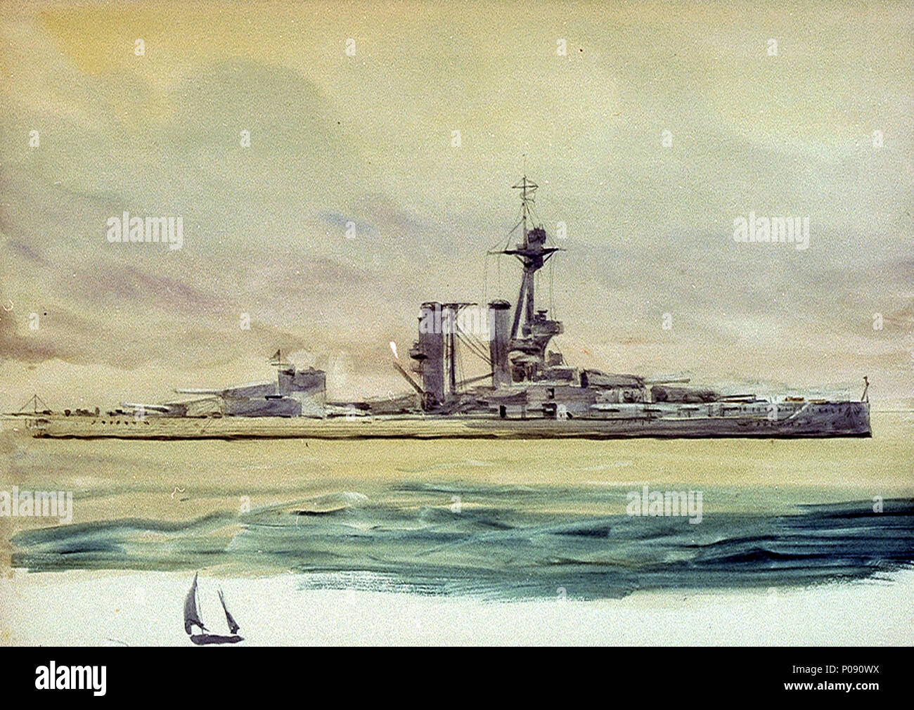 English: An 'Iron Duke'-class battleship with a small sketch of a sailing  lugger below A starboard-broadside study of an 'Iron Duke'-class battleship  in the period 1916-17, with a grey wash thumbnail