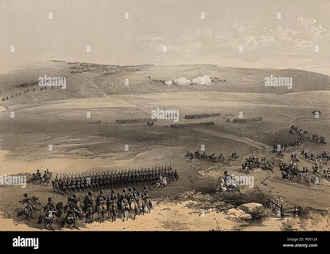 .  English: Print shows expansive view of the countryside, the Russian cavalry and artillery in the distance, Russian guns opening fire on British troops as they draw up into formation.  .  English: The cavalry affair of the heights of Bulganak - the first gun, 19th Sepr. 1854  23 The cavalry affair of the heights of Bulganak - the first gun, 19th Sepr. 1854 Stock Photo