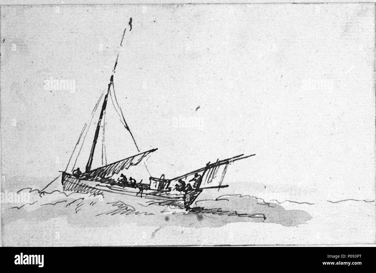 . English: A lugger at anchor Van de Velde may have drawn this rapid ...