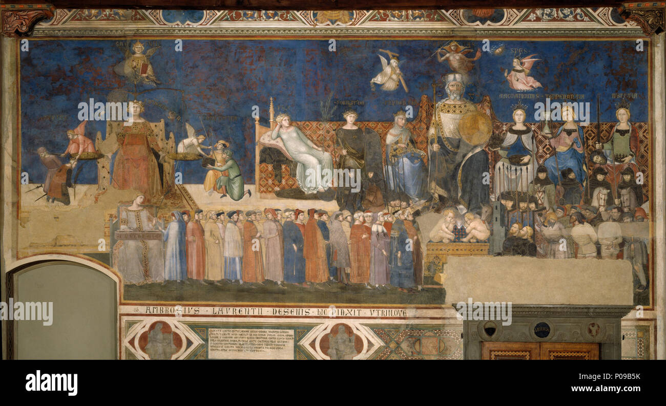 .  English: Good Government is represented by a bearded, stately figure sitting on a throne. Next to him are the four cardinal virtues, Fortitude, Prudence, Justice, and Temperance, joined here by Peace and Magnanimity.  . Allegory of Good Government . (1338 - 1339) 283 Ambrogio Lorenzetti - Allegory of Good Government - Google Art Project Stock Photo