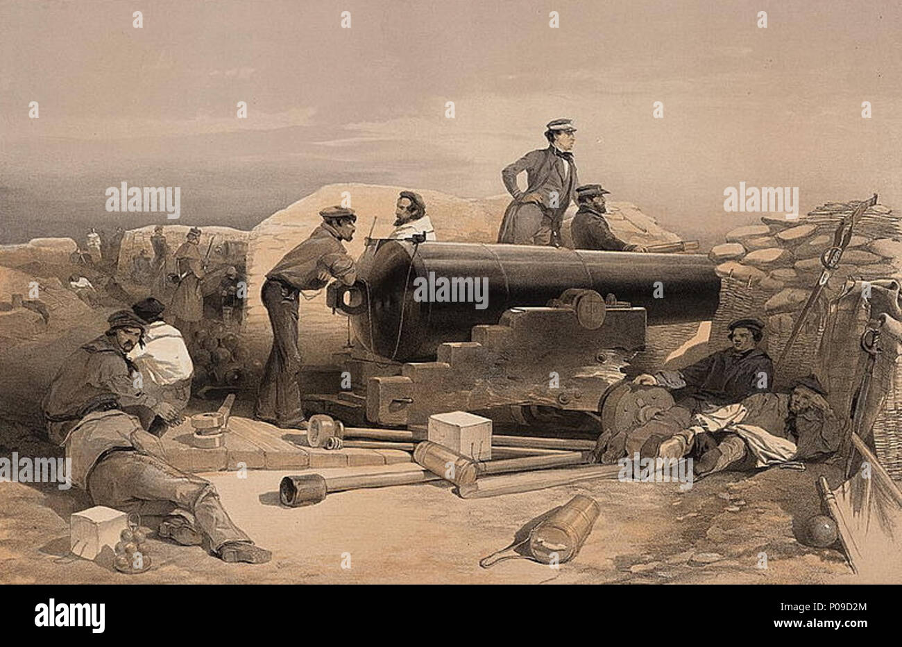 .  English: Print shows a large Lancaster cannon in a British artillery battery.  .  English: A quiet day in the diamond battery - portrait of a Lancaster 68 pounder, 15th Decr. 1854 . [London] : Published by Paul & Dominic Colnaghi & Co., 13 & 14 Pall Mall East ; Paris : Goupil & Cie., 1855 Feby. 5th (Day & Son, lithrs. to the Queen) 3 A quiet day in the diamond battery - portrait of a Lancaster 68 pounder, 15th Decr. 1854 Stock Photo