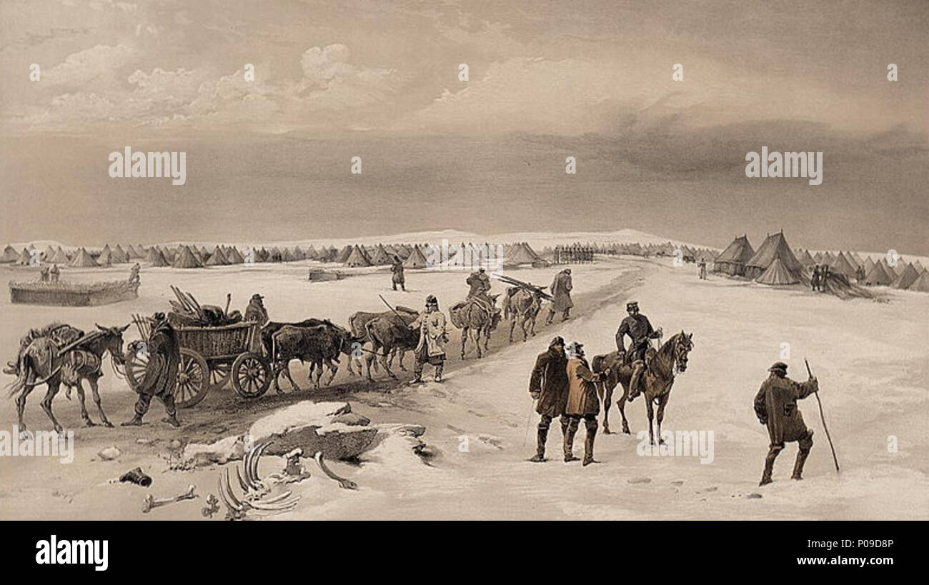 .  English: Print shows a distant view of bell tents at British military camps, as well as hospital tents, soldiers and a wagon hauling supplies toward the camps, the skeletal remains of an animal on the roadside, and men standing in the foreground, during winter.  .  English: The camp of the 1st Division, looking north towards the camp of the 2nd Division - the heights of Inkermann in the distance . [London] : Published by Paul & Dominic Colnaghi & Co., 13 & 14 Pall Mall East ; Paris : Goupil & Cie., 1855 March 19th (Day & Son, lithrs. to the Queen) 23 The camp of the 1st Division, looking no Stock Photo