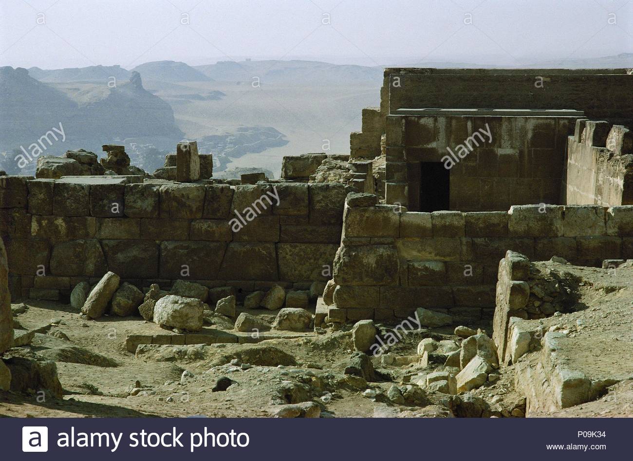 Remains of the Sun Temple of Pharaoh Nyuserre (5th dynasty, 2494-2345 BCE). View of the Western Desert. Location: Temple, Abu Ghurab, Egypt.