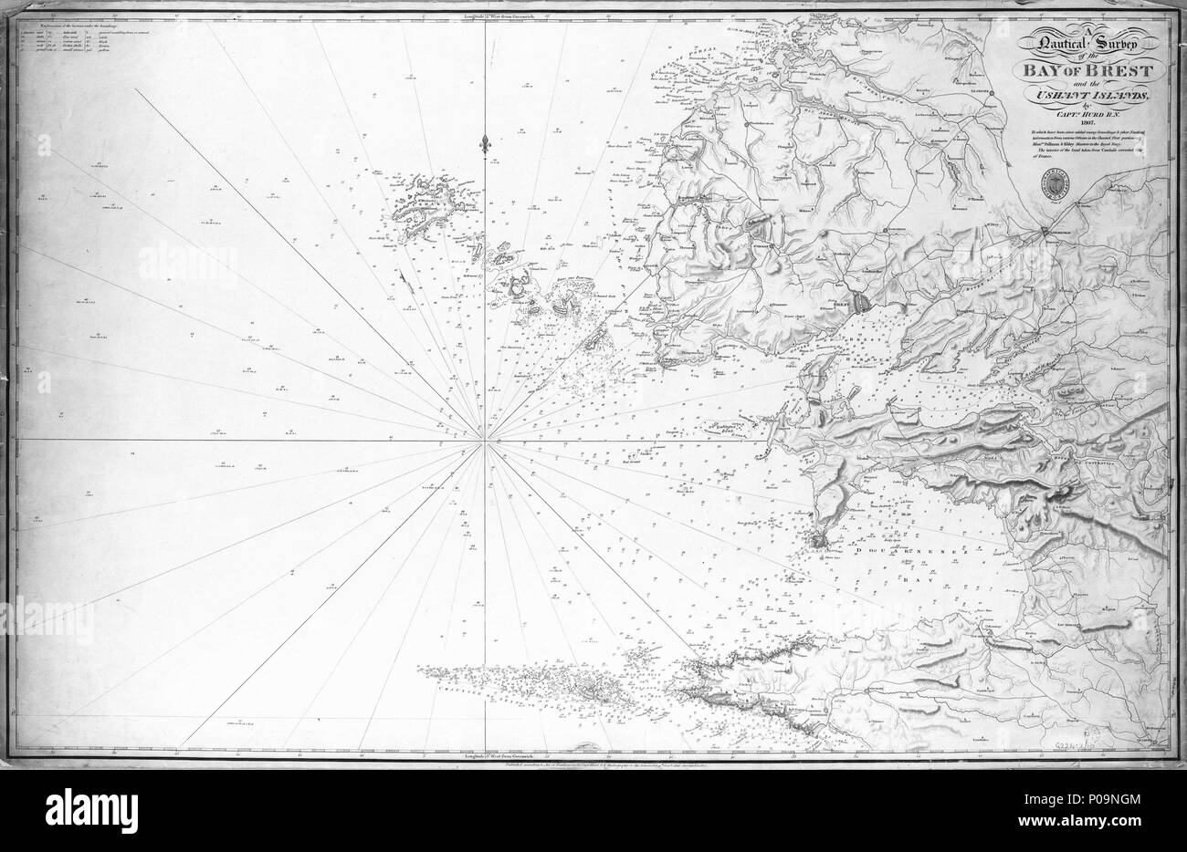 .  English: A nautical survey of the Bay of Brest and the Ushant Islands by Captn Hurd RN 1807. The interior of the land taken from Cassini's corrected Map of FranceScale: circa 1:125,000. Linen backed chart A nautical survey of the Bay of Brest and the Ushant Islands by Captn Hurd RN 1807. The interior of the land taken from Cassini's corrected Map of France  . 1823; 1816. British Admiralty; Captn Hurd RN 138 A nautical survey of the Bay of Brest and the Ushant Islands by Captn Hurd RN 1807. The interior of the land taken from Cassini's corrected Map of France RMG B8780 Stock Photo