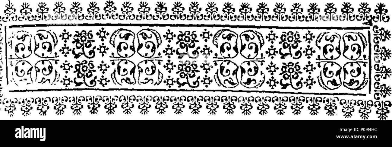 . English: Fleuron from book: All the histories and novels written by the late ingenious Mrs. Behn, intire in one volume. Viz. I. The History of Oroonoko; Or, the Royal-Slave. Written by the Command of King Charles the Second. II. The Fair Jilt; Or, Prince Tarquin. III. Agnes de Castro; Or, the Force of generous Love. IV. The Lover's Watch; Or, the Art of making Love: Being Rules for Courtship for every Hour of the Day and Night. V. The Ladies Looking-Glass to Dress themselves by; Or, the whole Art of Charming all Mankind. VI. The Lucky Mistake. Vii. Memoirs of the Court of the King of Bantam. Stock Photo