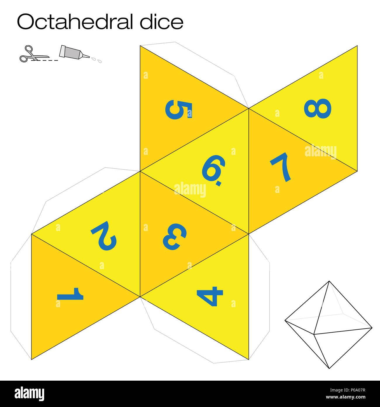 Octahedron template, octahedral dice - one of the five platonic solids - make a 3d item with eight sides out of the net and play dice. Stock Photo