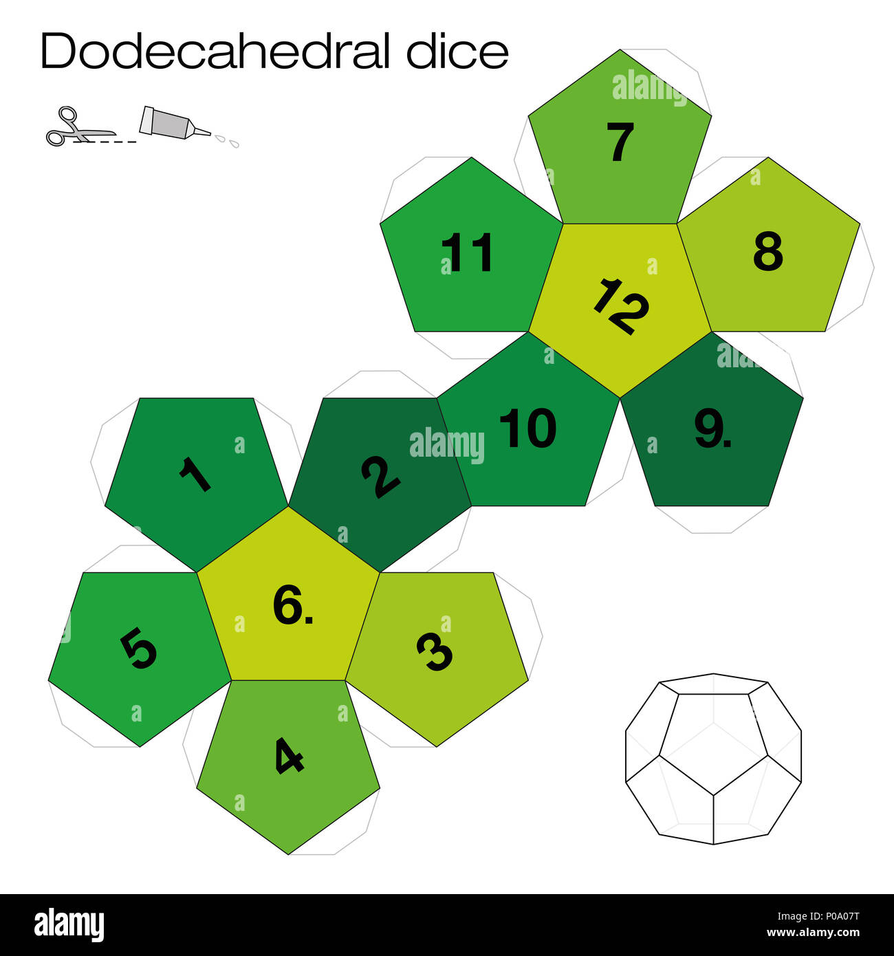 Dodecahedron template, dodecahedral dice - one of the five platonic solids - make a 3d item with twelve sides out of the net and play dice. Stock Photo
