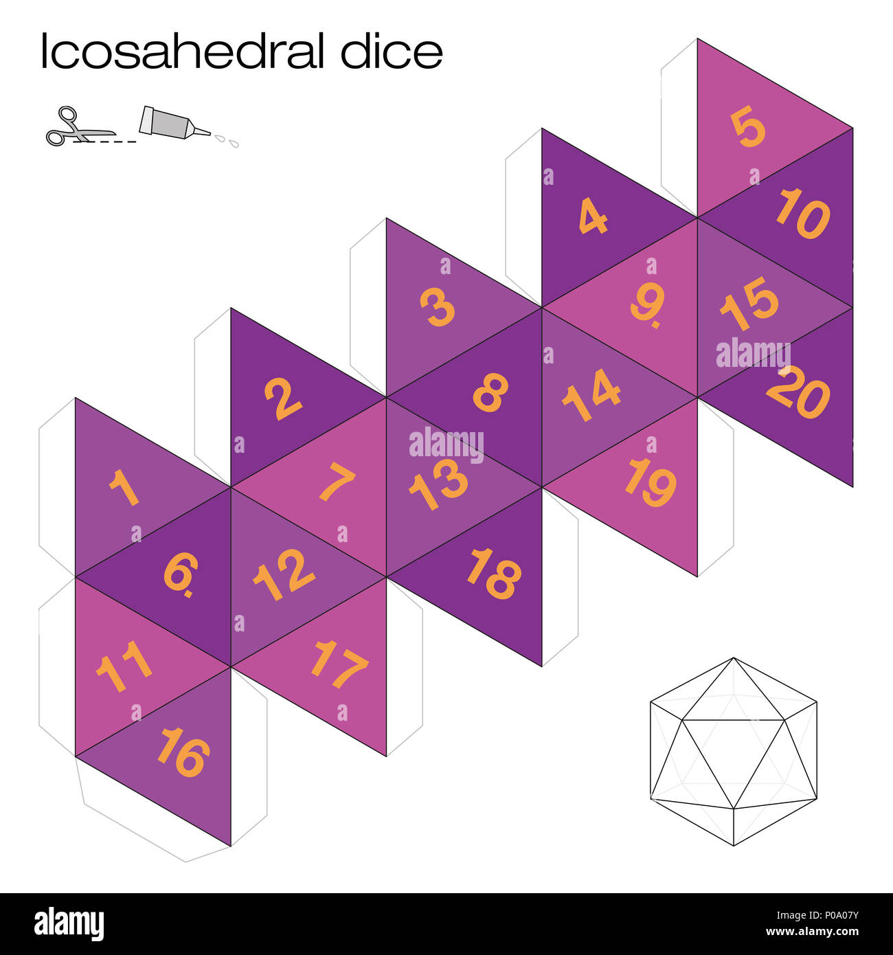 Icosahedron template, icosahedral dice - one of the five platonic solids - make a 3d item with twenty sides out of the net and play dice. Stock Photo