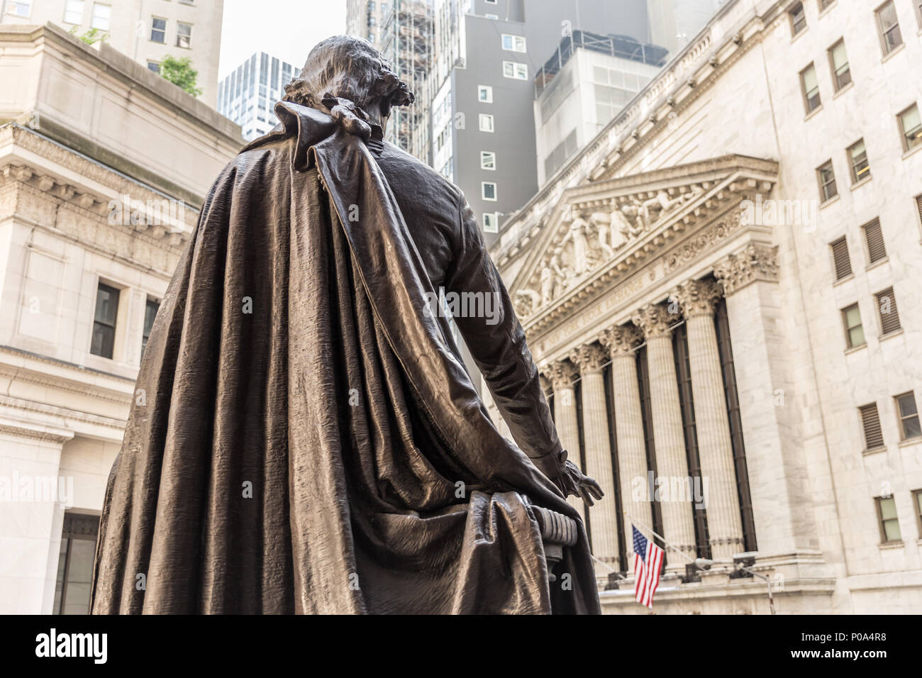 View from Federal Hall of the statue of George Washington and the Stock ...