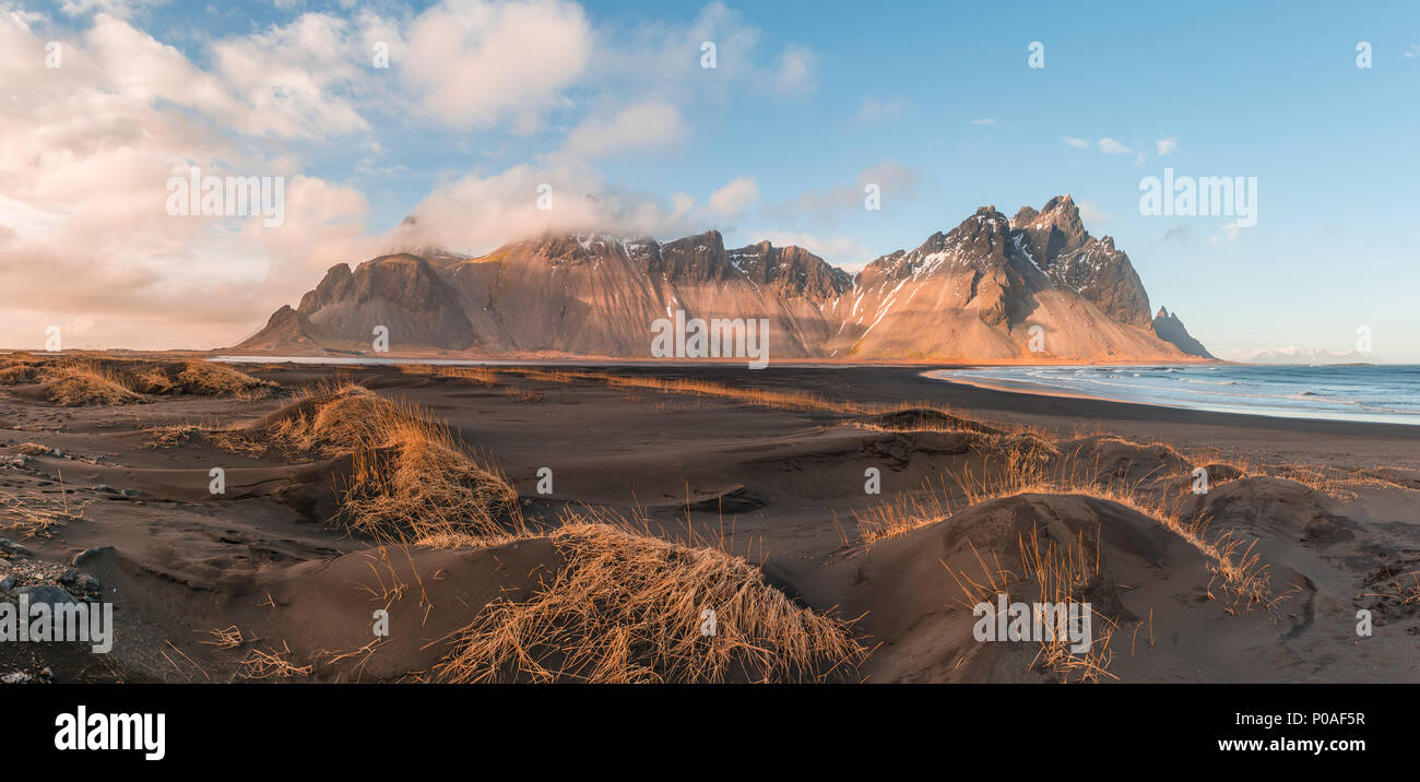 Evening atmosphere at the long lava beach, black sandy beach, dunes covered with dry grass, mountains Klifatindur Stock Photo