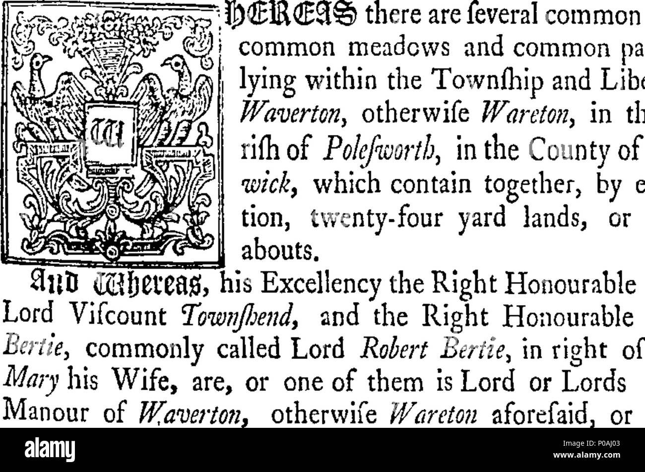 . English: Fleuron from book: An act, for dividing and the inclosing the open and common fields, common meadows, common pastures, and other commonable places in Waverton, otherwise Wareton, in the parish of Polesworth, in the county of Warwick. 294 An act Fleuron T073750-1 Stock Photo