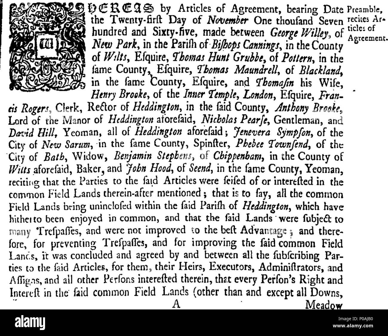 . English: Fleuron from book: An act for confirming articles of agreement for dividing, allotting, and inclosing the common field lands within the parish of Heddington, in the county of Wilts. 295 An act for confirming articles of agreement for dividing Fleuron T066644-1 Stock Photo